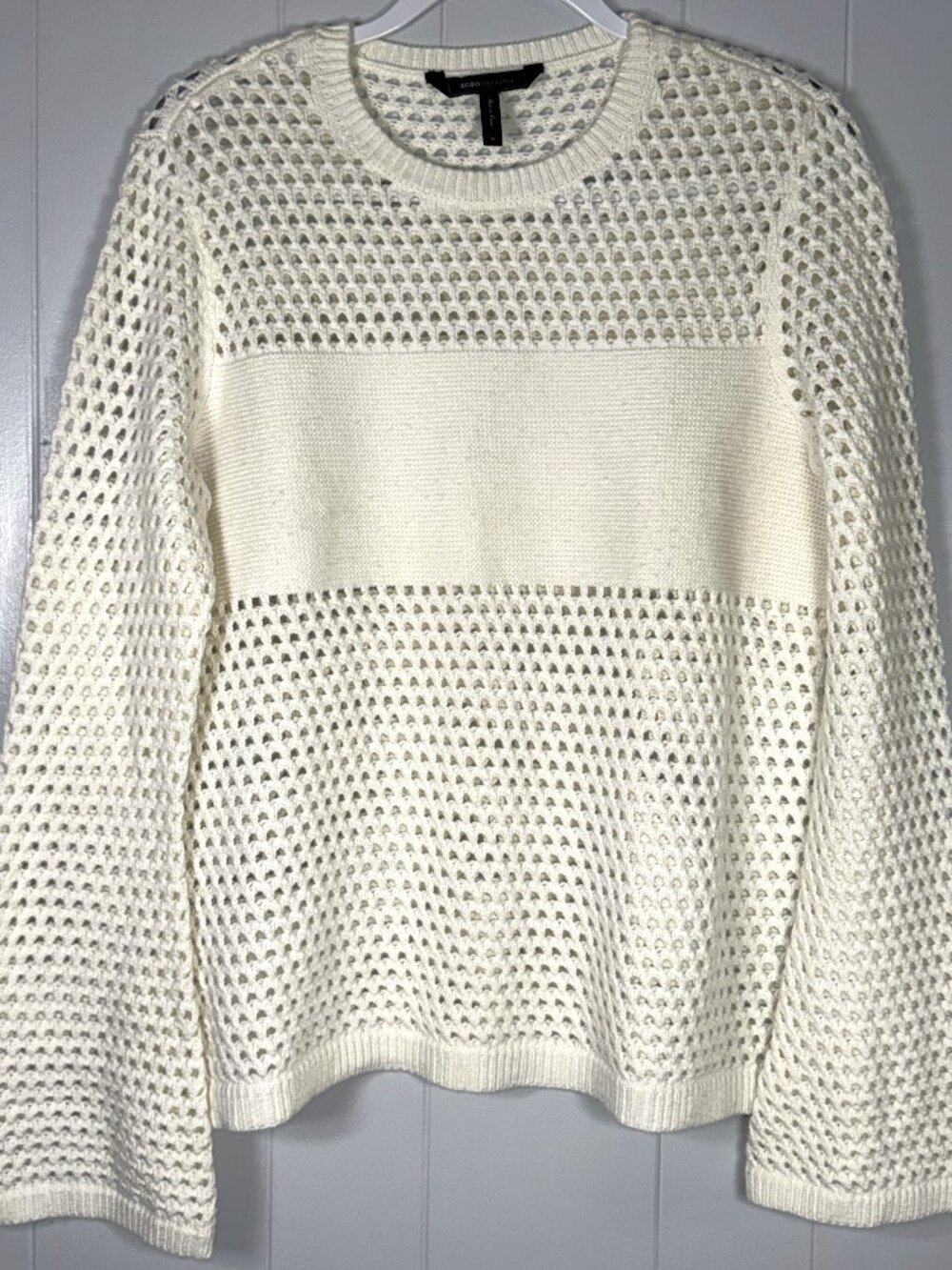 BCBG Maxazria Joeli Gardenia Pullover Eyelet Knit CrewNeck Bell Sleeve Sweater M